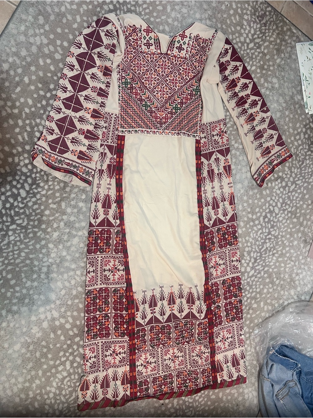 Palestinian Embroidered Thoab Cream and Maroon Maxi